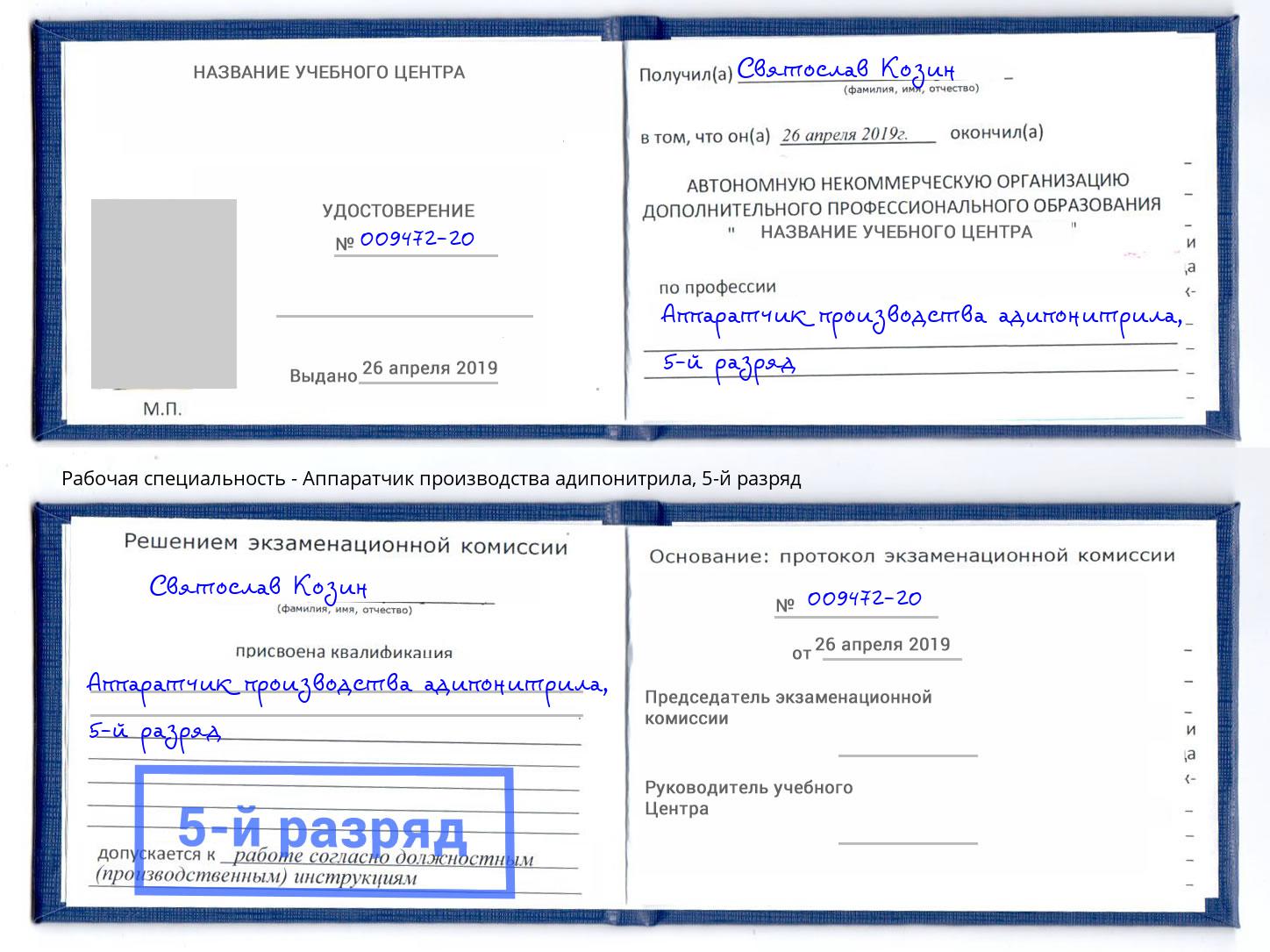 корочка 5-й разряд Аппаратчик производства адипонитрила Балахна
