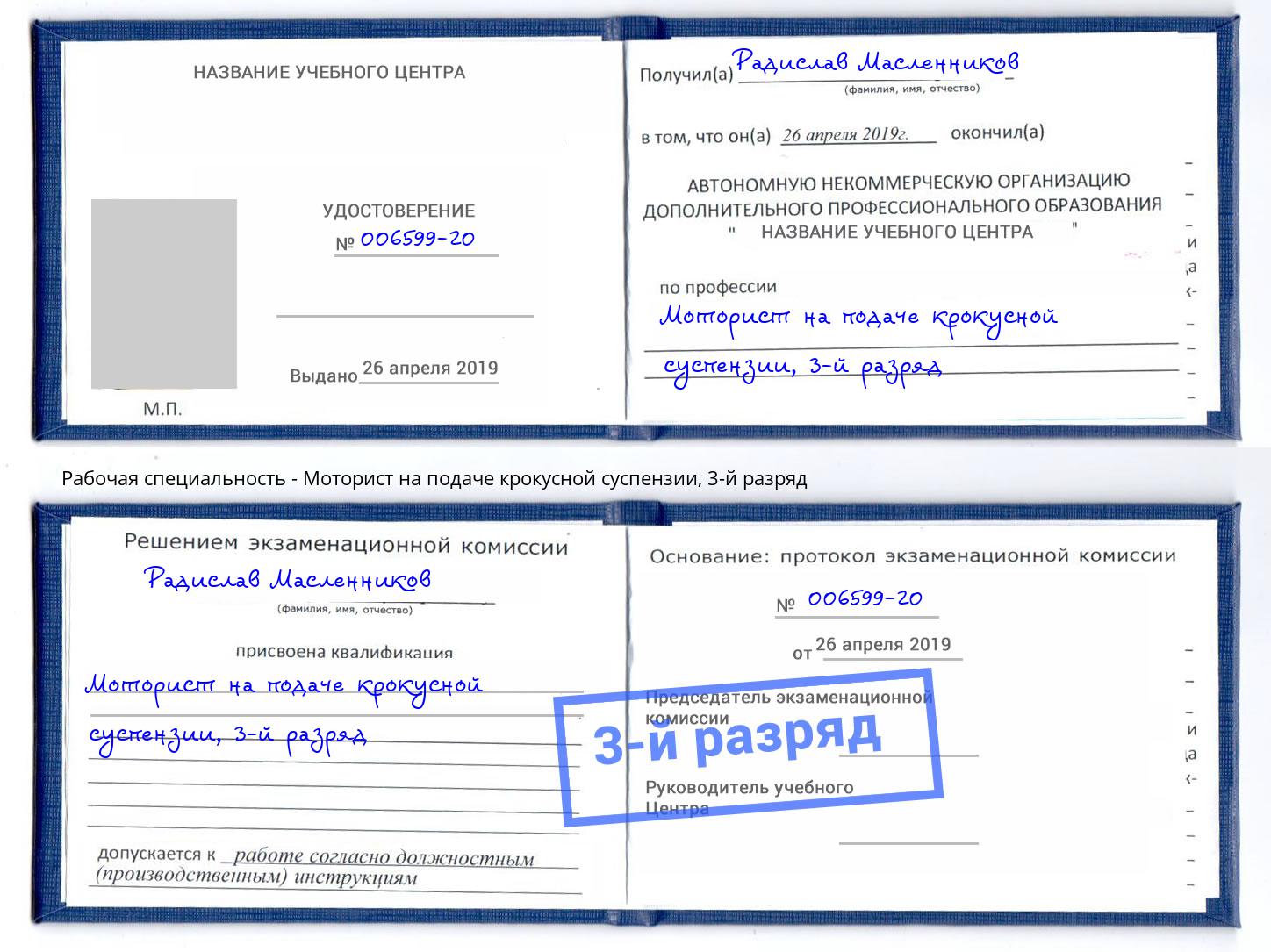 корочка 3-й разряд Моторист на подаче крокусной суспензии Балахна