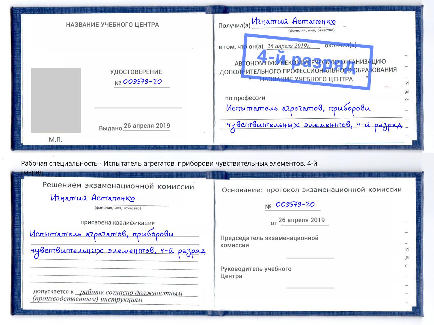 корочка 4-й разряд Испытатель агрегатов, приборови чувствительных элементов Балахна