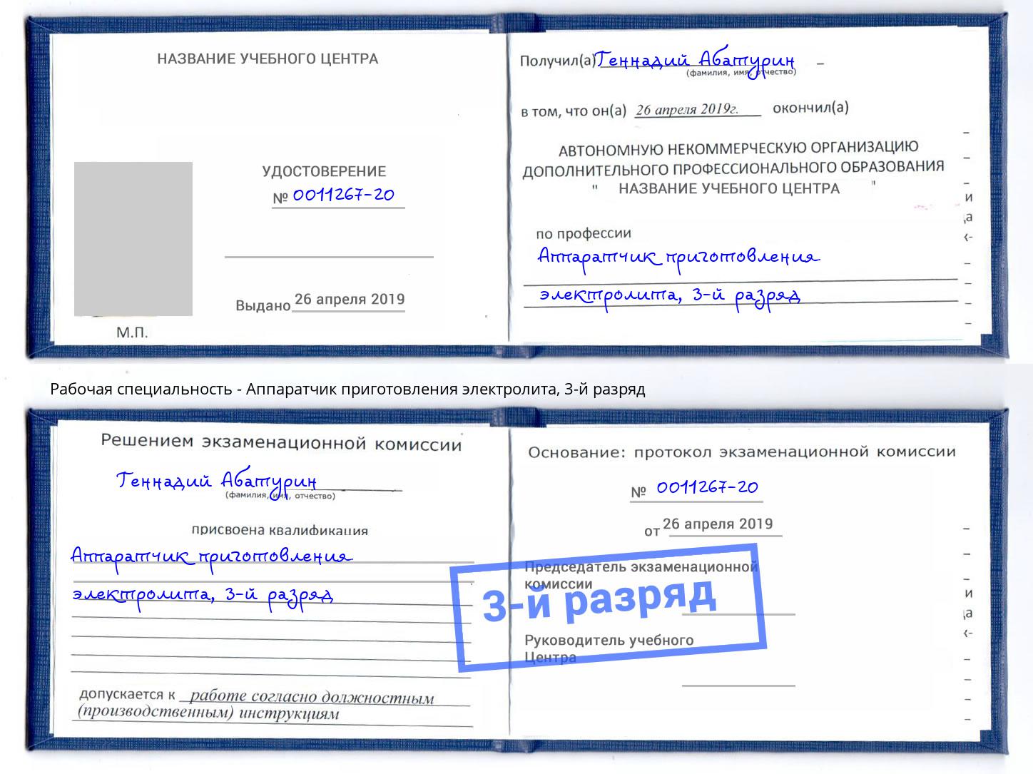 корочка 3-й разряд Аппаратчик приготовления электролита Балахна