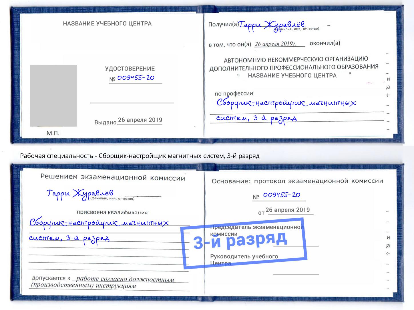 корочка 3-й разряд Сборщик-настройщик магнитных систем Балахна