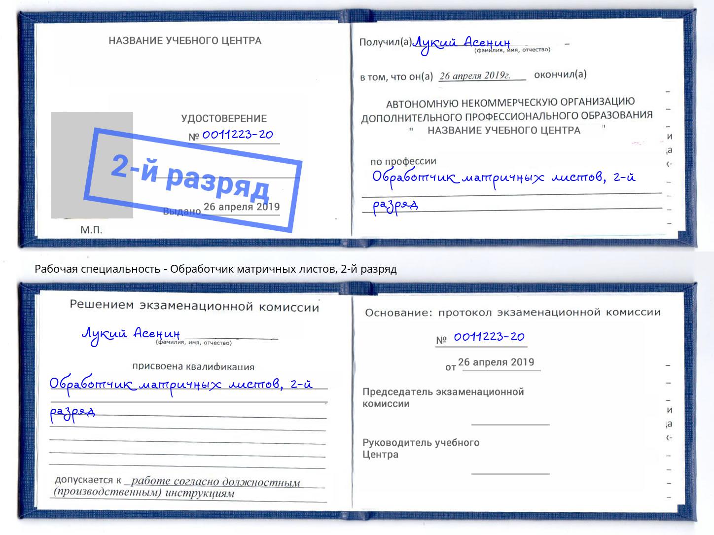 корочка 2-й разряд Обработчик матричных листов Балахна