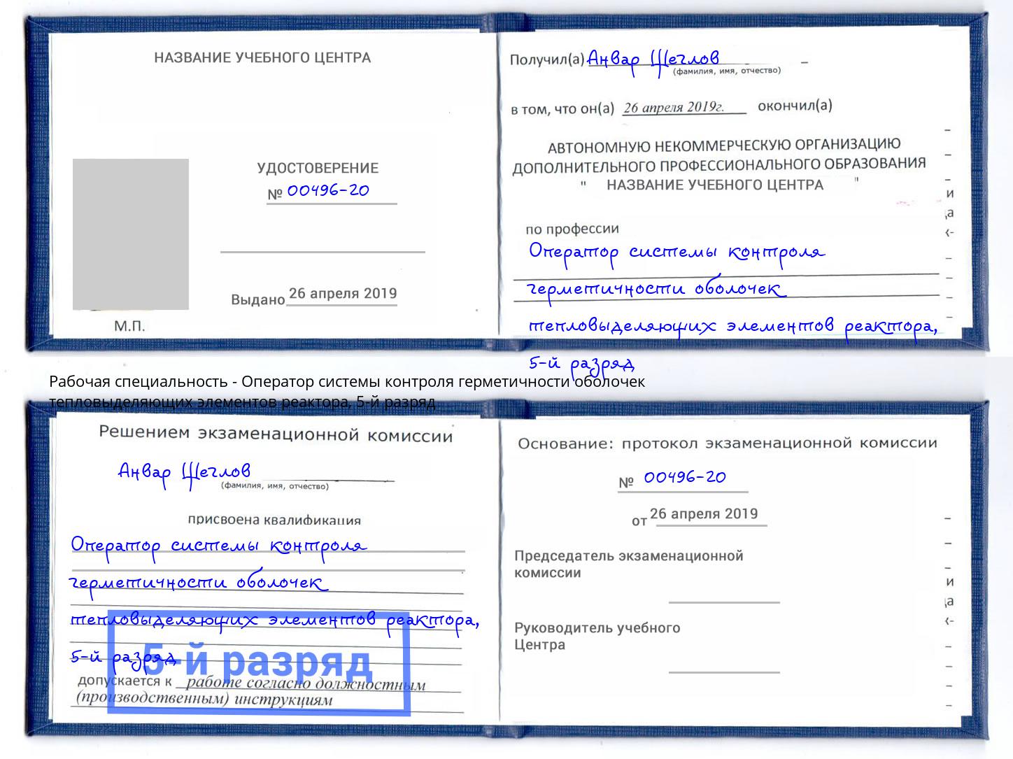 корочка 5-й разряд Оператор системы контроля герметичности оболочек тепловыделяющих элементов реактора Балахна