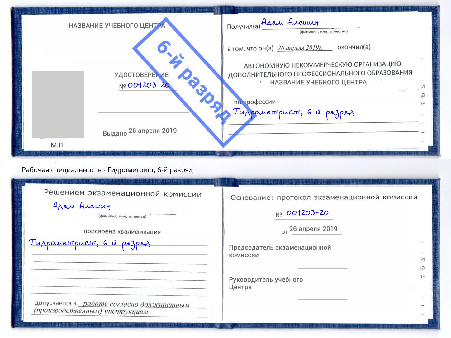 корочка 6-й разряд Гидрометрист Балахна